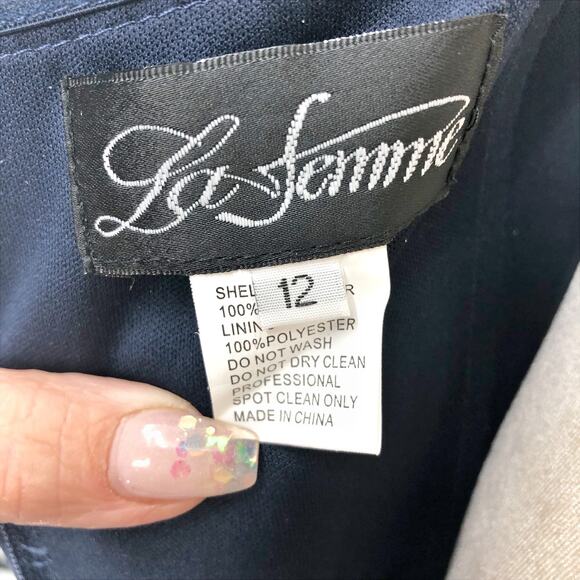 LA FEMME 29996 Column Gown Size 12 Navy Blue Ruched Jersey Formal Dress $348 - Picture 10 of 12